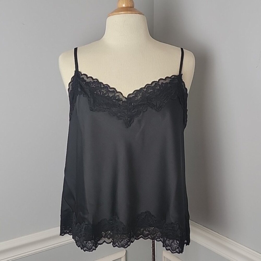 CECE Black Satin Silky Lace Hem Sexy Sleeveless Party Date Cami Shell Top L NEW